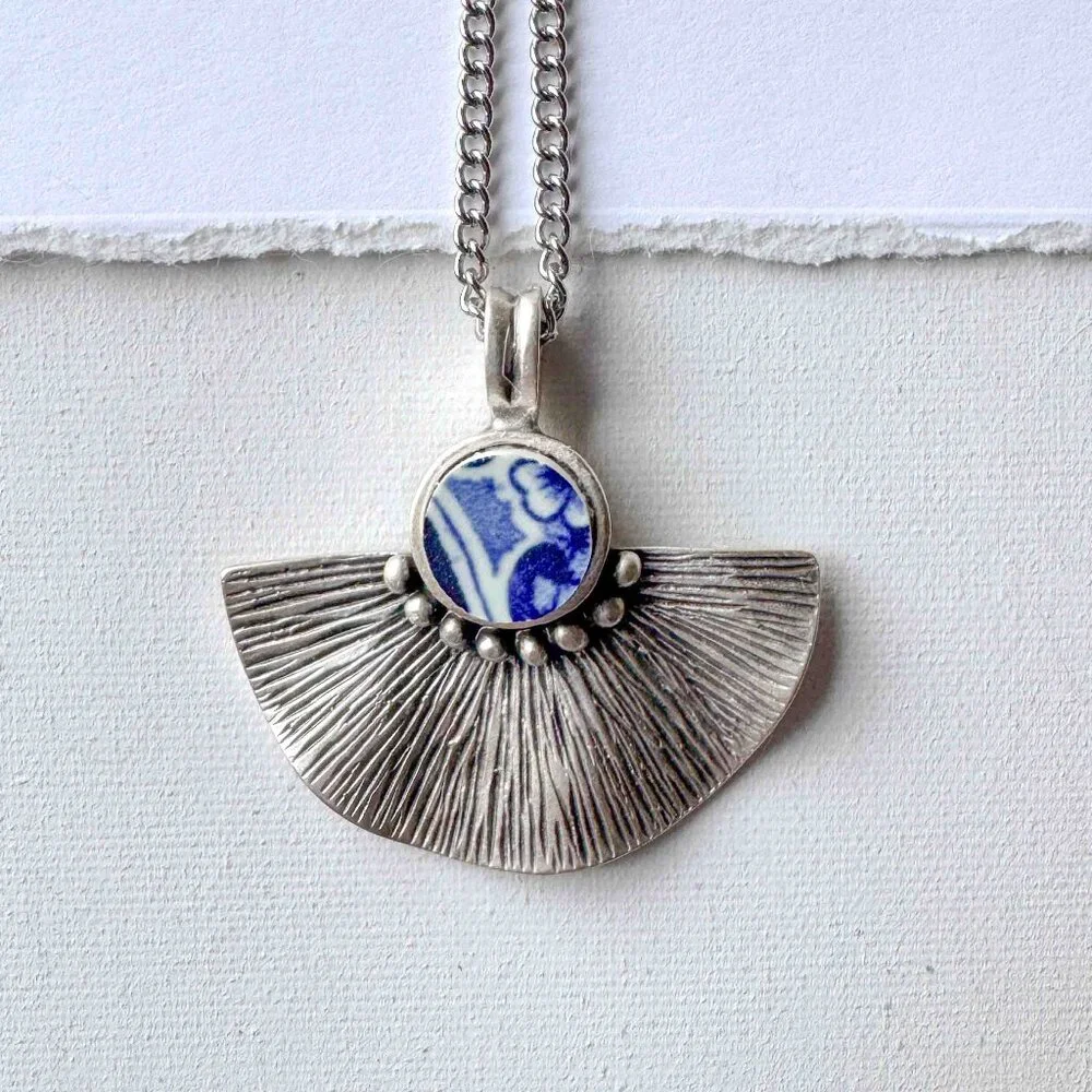 Blue White Ceramic Pendant Necklace Silver Fan Statement Necklace - Picture 1 of 9